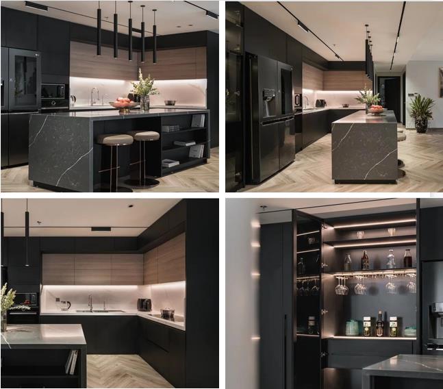 L-Shape Black Modern Kitchen Designs With Island