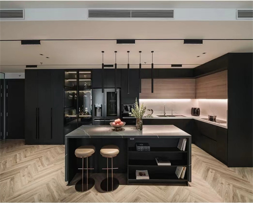 L-Shape Black Modern Kitchen Designs With Island