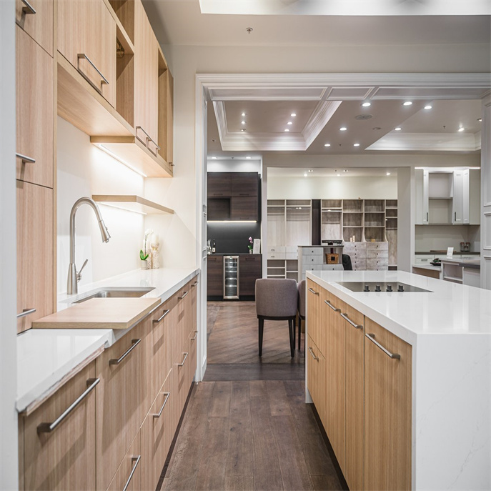 Modern kitchen cabinet with island with handles and LED lights