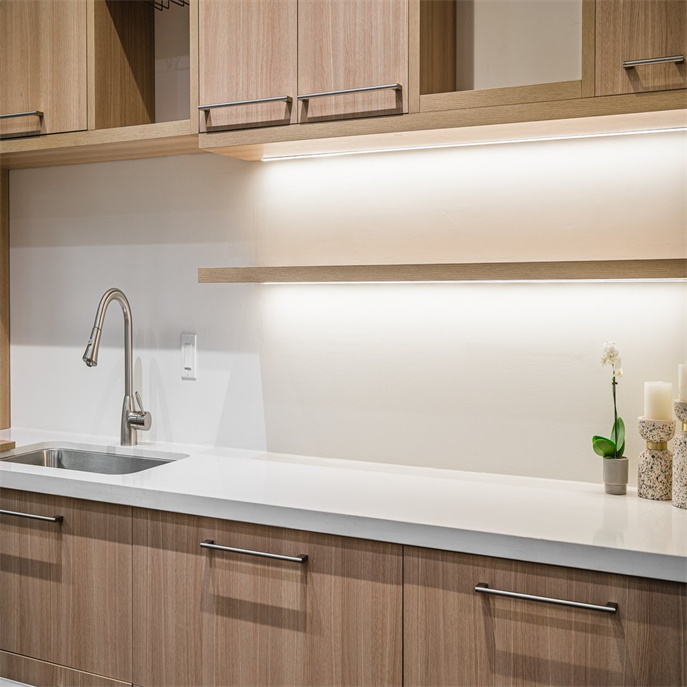 Modern kitchen cabinet with island with handles and LED lights