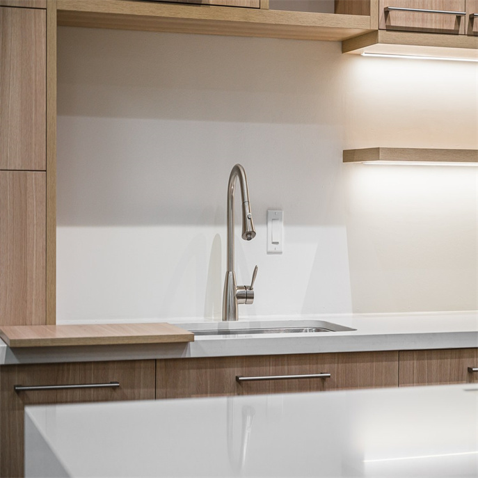 Modern kitchen cabinet with island with handles and LED lights