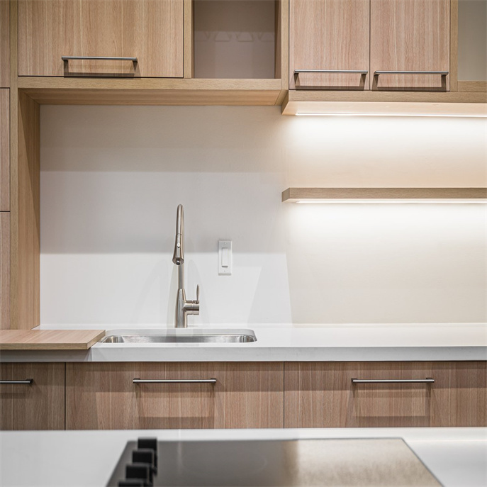 Modern kitchen cabinet with island with handles and LED lights