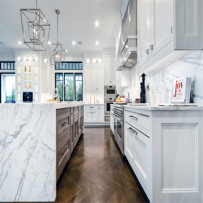 Shaker style White Classic Kitchen With Marble Waterfall Island