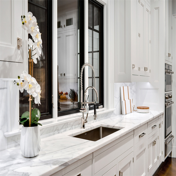 Shaker style White Classic Kitchen With Marble Waterfall Island