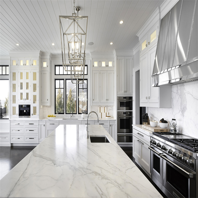 Shaker style White Classic Kitchen With Marble Waterfall Island