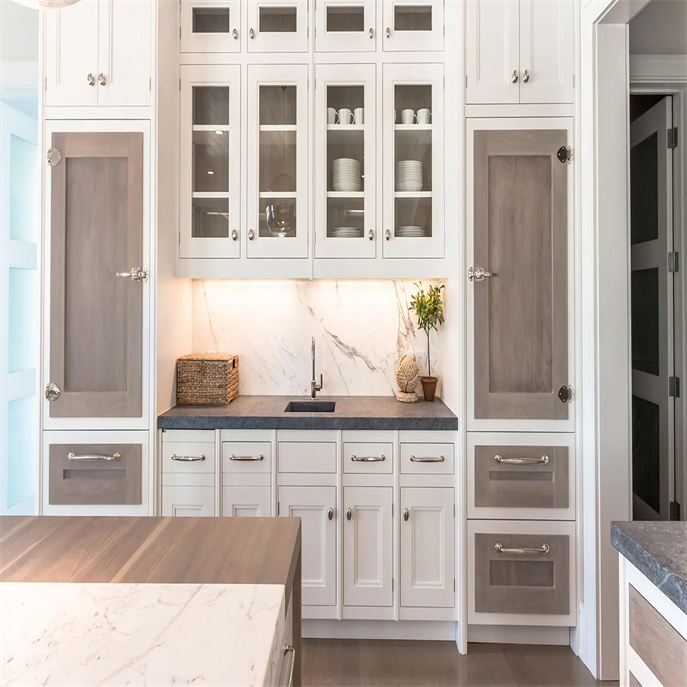 Driftwood Countertops And Walnut Waterfall Island Kitchen Design