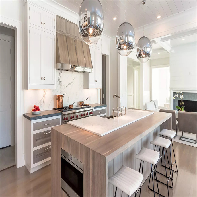 Driftwood Countertops And Walnut Waterfall Island Kitchen Design