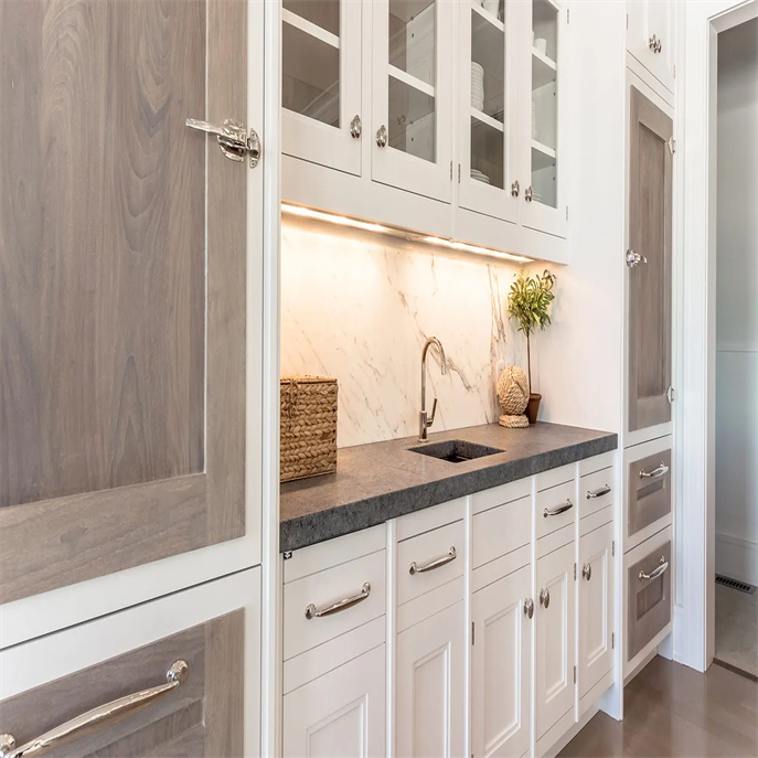 Driftwood Countertops And Walnut Waterfall Island Kitchen Design