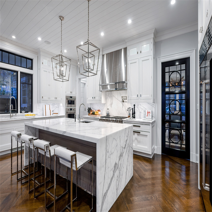 Shaker style White Classic Kitchen With Marble Waterfall Island