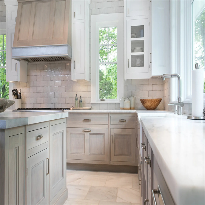 Shaker style walnut and white hand painted kitchen cabinets