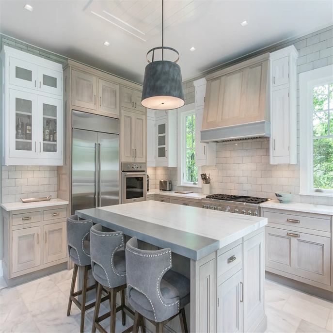 Shaker style walnut and white hand painted kitchen cabinets