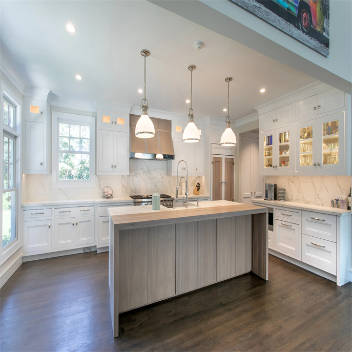 White hand painted stained walnut shaker kitchen cabinet with custom range hood