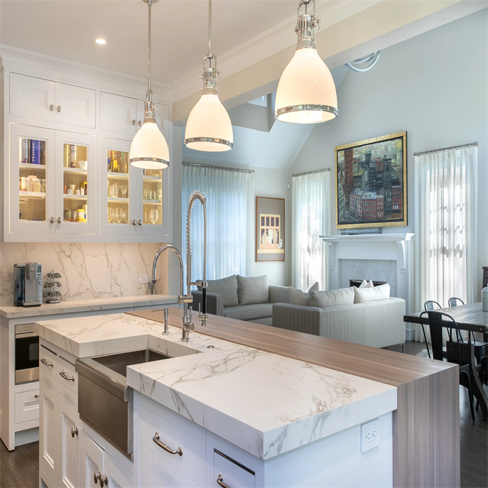 White hand painted stained walnut shaker kitchen cabinet with custom range hood