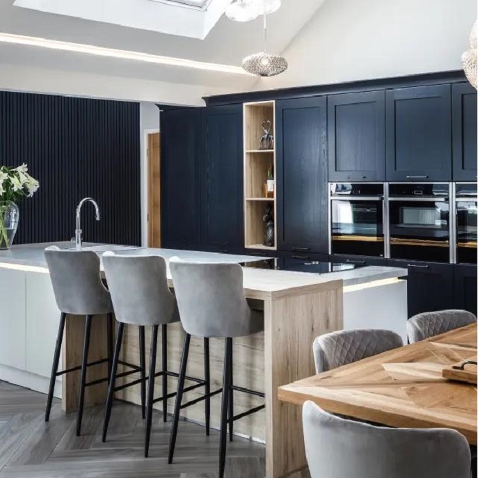 Dark Blue Retro Kitchen Cabinets With Island