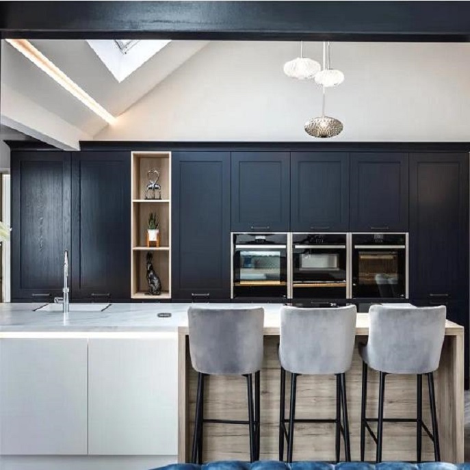 Dark Blue Retro Kitchen Cabinets With Island