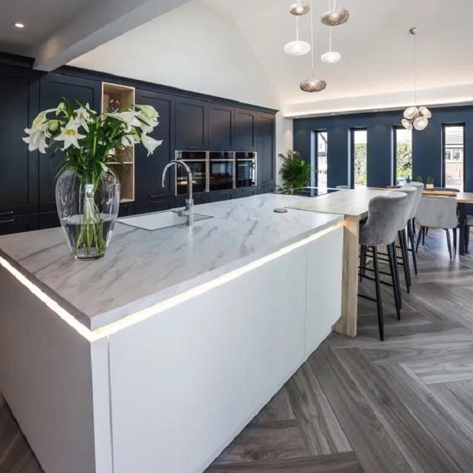 Dark Blue Retro Kitchen Cabinets With Island