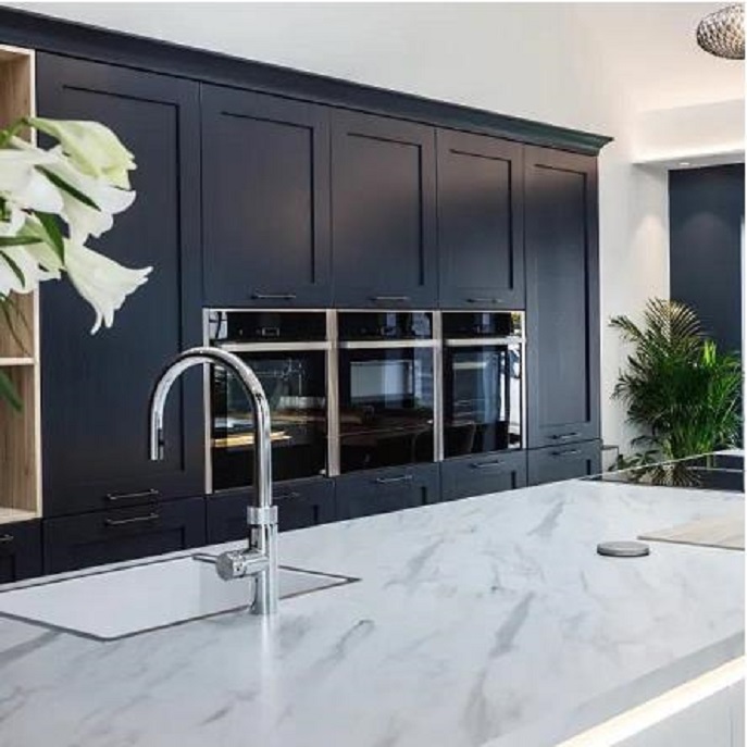 Dark Blue Retro Kitchen Cabinets With Island