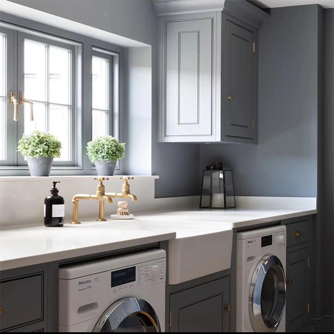 Dove gray shaker style door laundry room cabinets