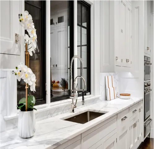 Shaker Style White Classic Kitchen With Marble Waterfall Island Budget-Friendly Design Ideas