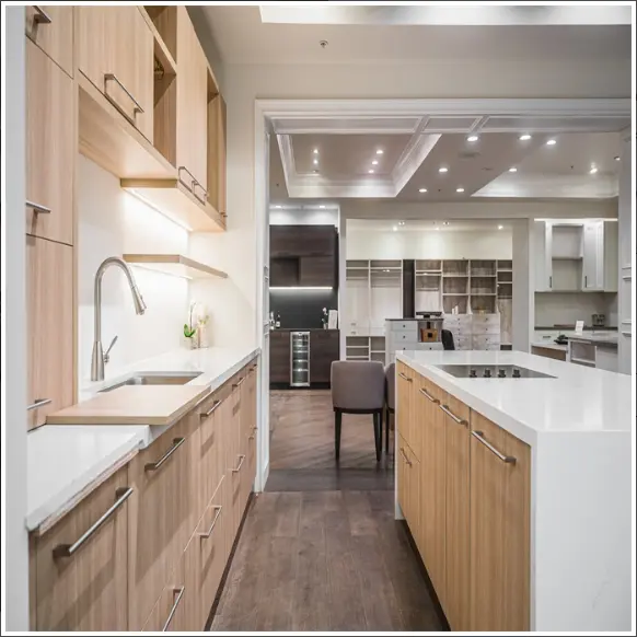 Modern kitchen cabinet with island with handles and LED lights