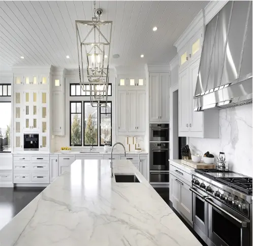 Shaker style White Classic Kitchen With Marble Waterfall Island