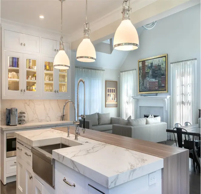 White hand painted stained walnut shaker kitchen cabinet with custom range hood